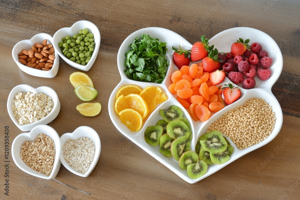 Heart-shaped platter with assorted fruits, nuts, and grains. Heart-shaped platter with assorted fruits, nuts, and grains.
