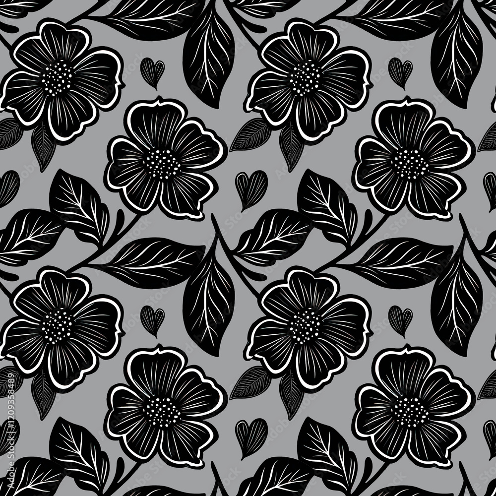 Fototapeta premium Seamless floral pattern featuring bold black flowers and intricate leaves on a soft gray background. Perfect for fabric, wallpaper, or elegant decor projects.