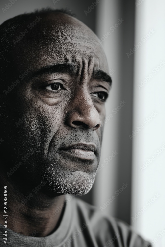 A black-and-white portrait of a middle-aged man of African descent, Generative AI A black-and-white portrait of a middle-aged man of African descent, Generative AI