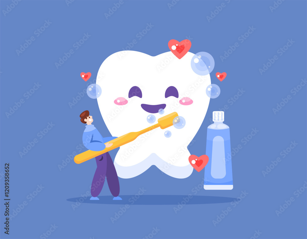 Obraz premium concept of cleaning and caring for teeth. illustration of a man brushing his teeth with a toothbrush. caring for teeth to stay healthy and clean. maintaining health. flat style design. elements