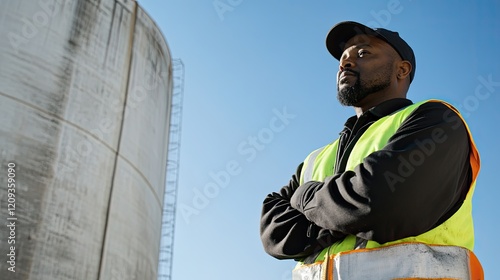 Worker in safety gear stands confidently near large water storag photo