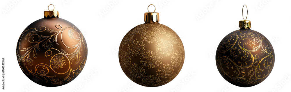 Elegant Christmas ornaments with intricate golden patterns on transparency background