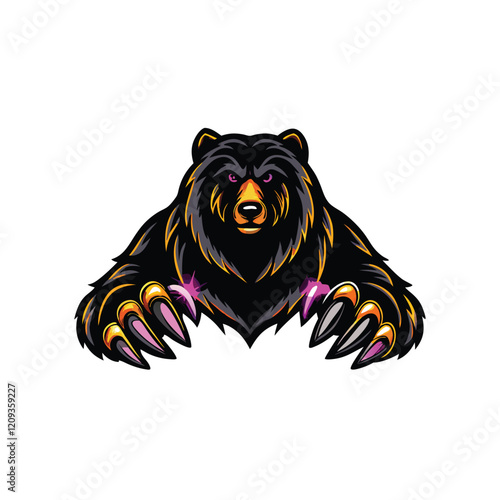 A majestic bear, its fur shimmering with an otherworldly glow, its claws forged from gleaming metal and accented with vibrant neon streaks.