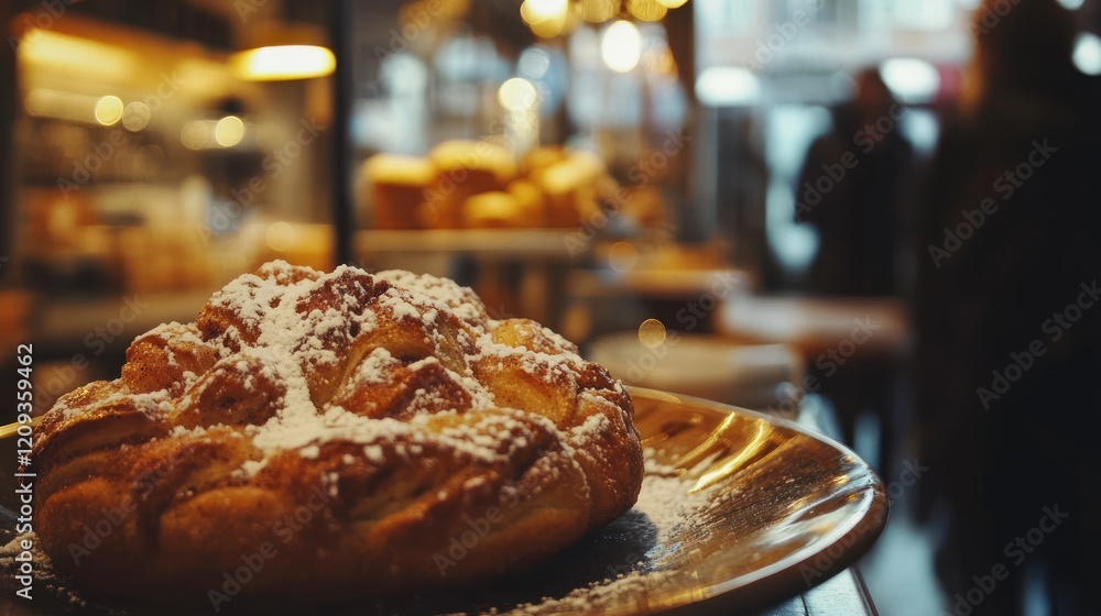 A Delicious Pastry with Powdered Sugar on a Golden Plate in a Bakery A Delicious Pastry with Powdered Sugar on a Golden Plate in a Bakery