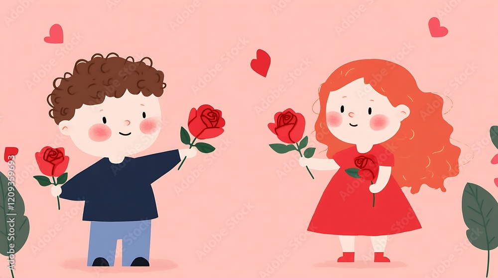 A Sweet Moment of Two Children Sharing Roses on a Romantic Background A Sweet Moment of Two Children Sharing Roses on a Romantic Background