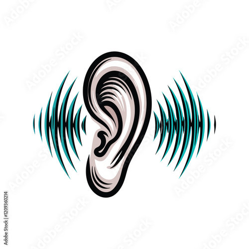 A stylized abstract ear with flowing sound waves emanating from it, creating a dynamic and visually engaging composition.