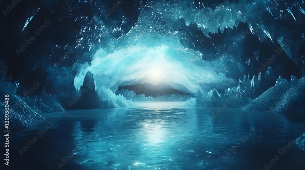 Enchanting Crystal Cave with Glowing Pool of Water Illuminated by Ethereal Light Enchanting Crystal Cave with Glowing Pool of Water Illuminated by Ethereal Light