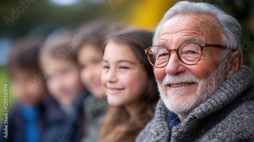 Heartwarming Scene of Elderly Man Smiling with Children Outdoors in a Natural Setting, Showcasing Generational Connection and Joy of Togetherness