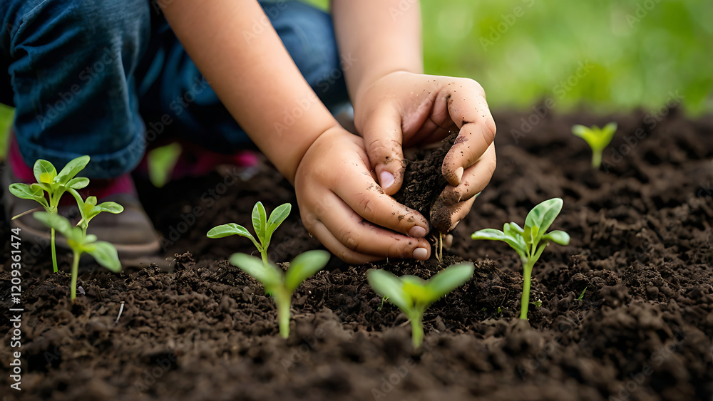 Child's hands planting a small seedling in the soil against a green field Child's hands planting a small seedling in the soil against a green field