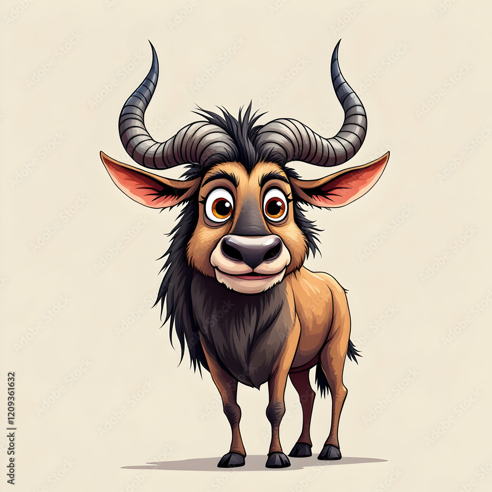 Naklejka premium Charming Cartoon Character: A Playful Bull with Big Eyes and Majestic Horns in a Whimsical Style