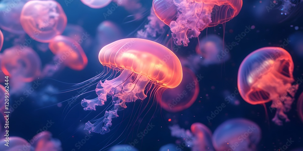 Glowing Underwater Cavern Filled with Radiant Jellyfish in a Mystical Ocean Scene Glowing Underwater Cavern Filled with Radiant Jellyfish in a Mystical Ocean Scene