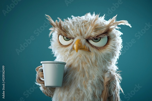 Sleepy tired, grumpy owl with wild feathers, holding a coffee cup, embodying the need for hot coffee or a caffeine and a humorous take on sleepiness. I hate Mondays concept