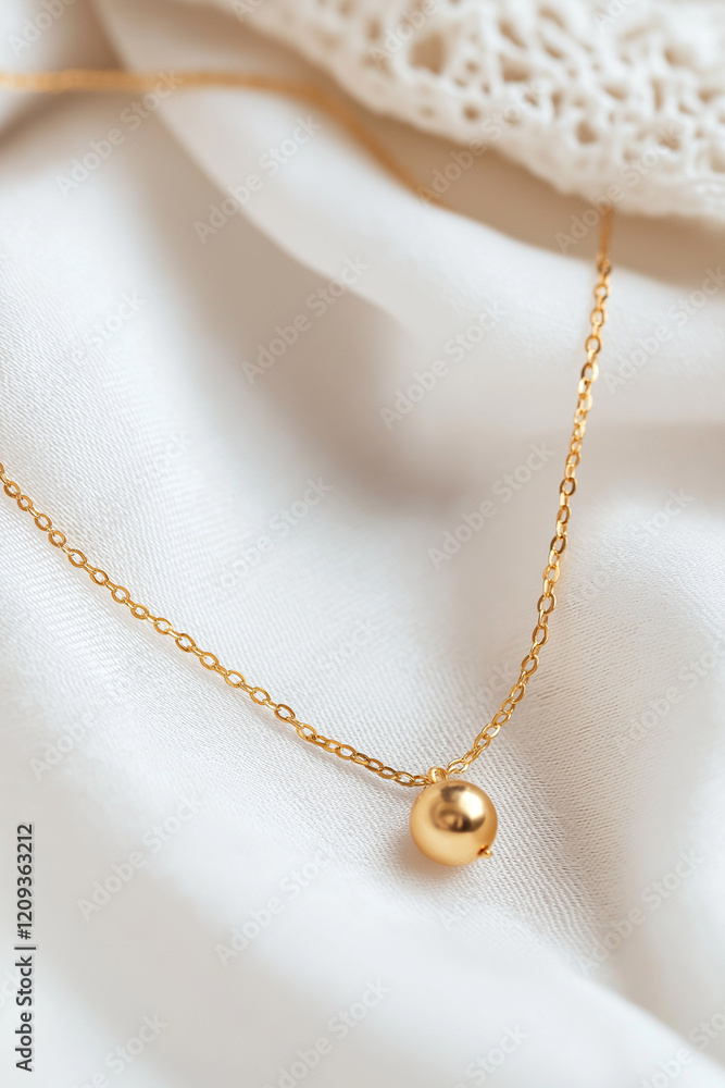 An exquisite golden bead necklace resting elegantly against a soft beige fabric. The design features a series of small, lustrous gold beads strung along a delicate chain, sophistication, simplicity An exquisite golden bead necklace resting elegantly against a soft beige fabric. The design features a series of small, lustrous gold beads strung along a delicate chain, sophistication, simplicity