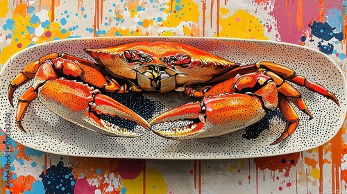 Cooked crab on an oval platter against a colorful background. photo