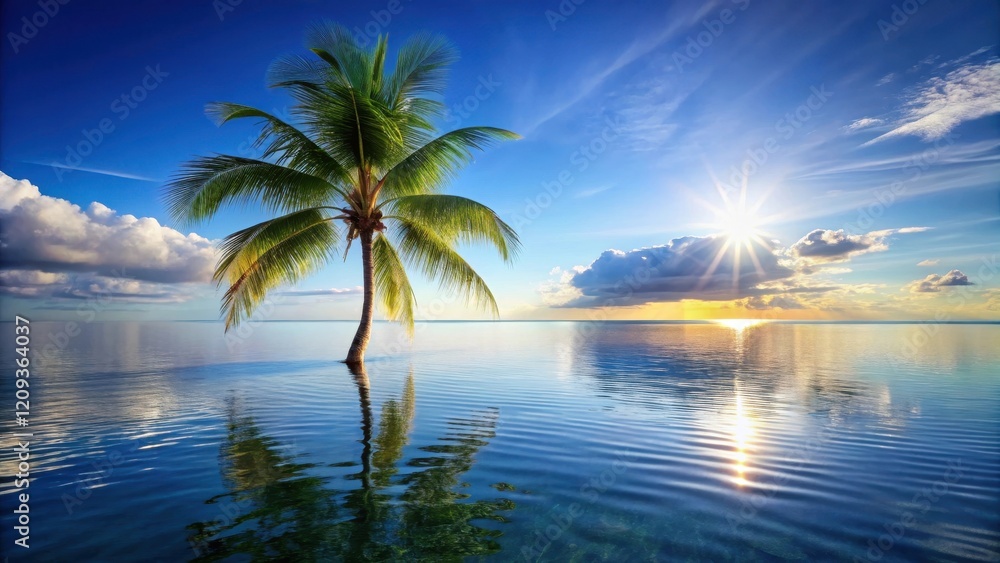 Serene Sunrise A Single Palm Tree Stands in Calm Ocean Waters Reflected in the Tranquil Surface Under a Vivid Sky Serene Sunrise A Single Palm Tree Stands in Calm Ocean Waters Reflected in the Tranquil Surface Under a Vivid Sky