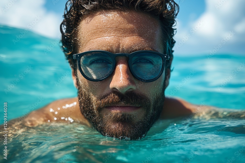 Fototapeta premium handsome man with sunglasses swimming in the sea