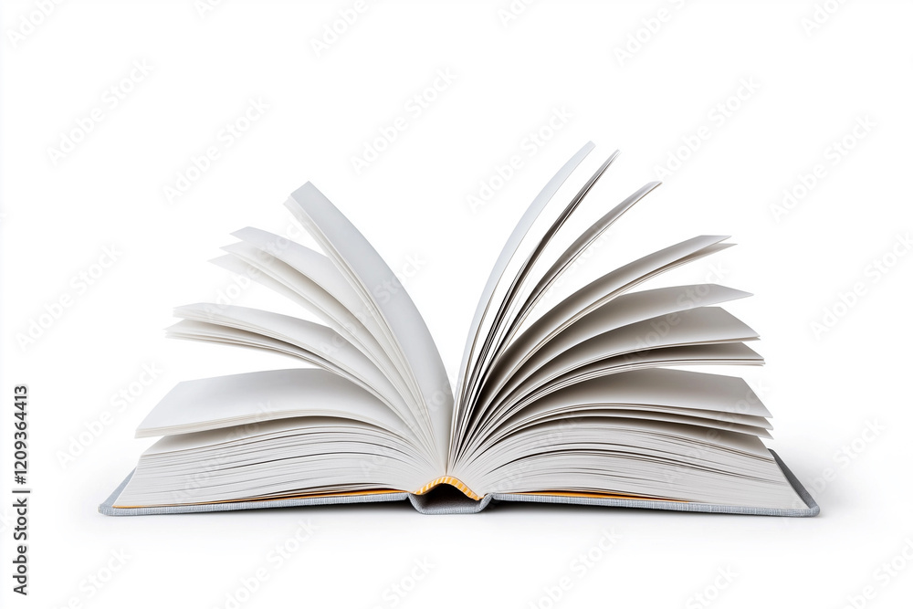 Open book with white pages and gray cover isolated on clean white background. Educational and artistic themes Open book with white pages and gray cover isolated on clean white background. Educational and artistic themes