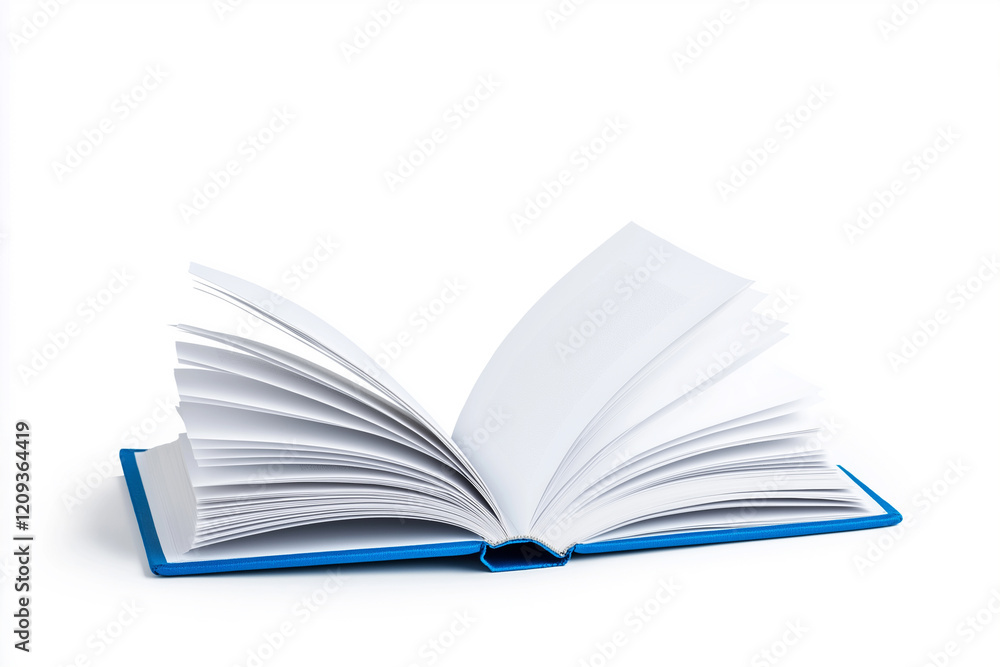 Open book with white pages and blue cover isolated on clean white background. Educational and artistic themes Open book with white pages and blue cover isolated on clean white background. Educational and artistic themes