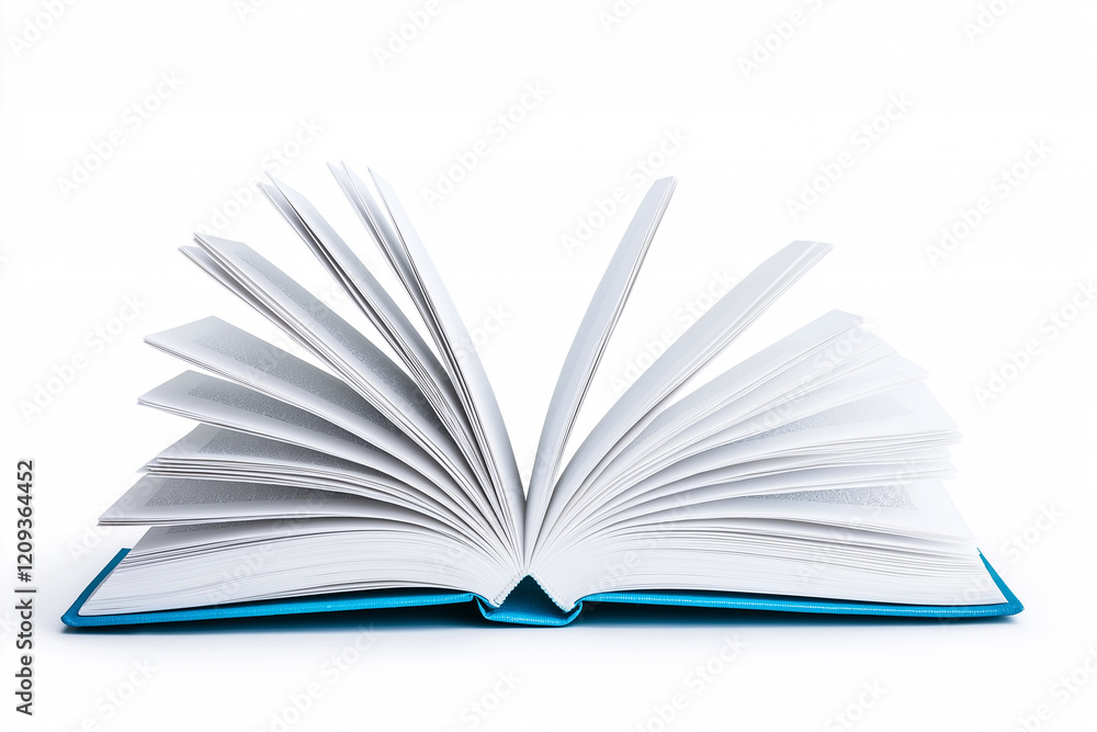 Open book with white pages and blue cover isolated on clean white background. Educational and artistic themes Open book with white pages and blue cover isolated on clean white background. Educational and artistic themes