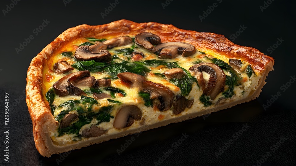 Golden Slice of Quiche with Spinach and Mushrooms on a Dark Background Capturing Deliciousness and Elegance Golden Slice of Quiche with Spinach and Mushrooms on a Dark Background Capturing Deliciousness and Elegance