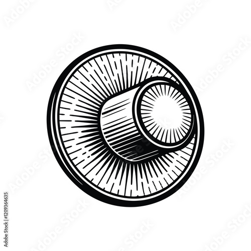 A stylized, abstract representation of a volume knob, featuring radiating lines emanating from its center, creating a dynamic and geometric design.