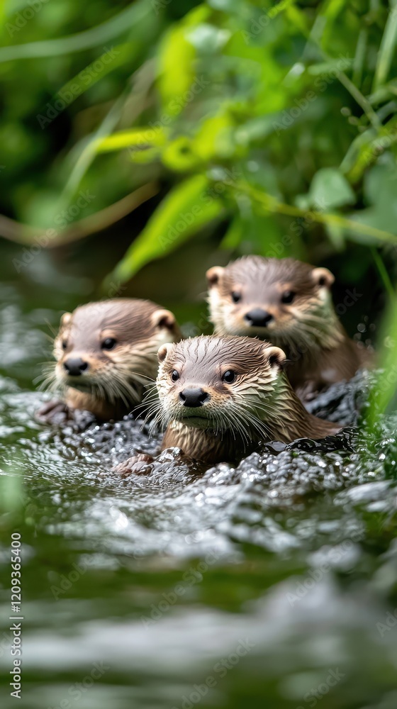 Three playful otters swim together in a lush, green environment, creating ripples in the water, showcasing their natural habitat. Three playful otters swim together in a lush, green environment, creating ripples in the water, showcasing their natural habitat.