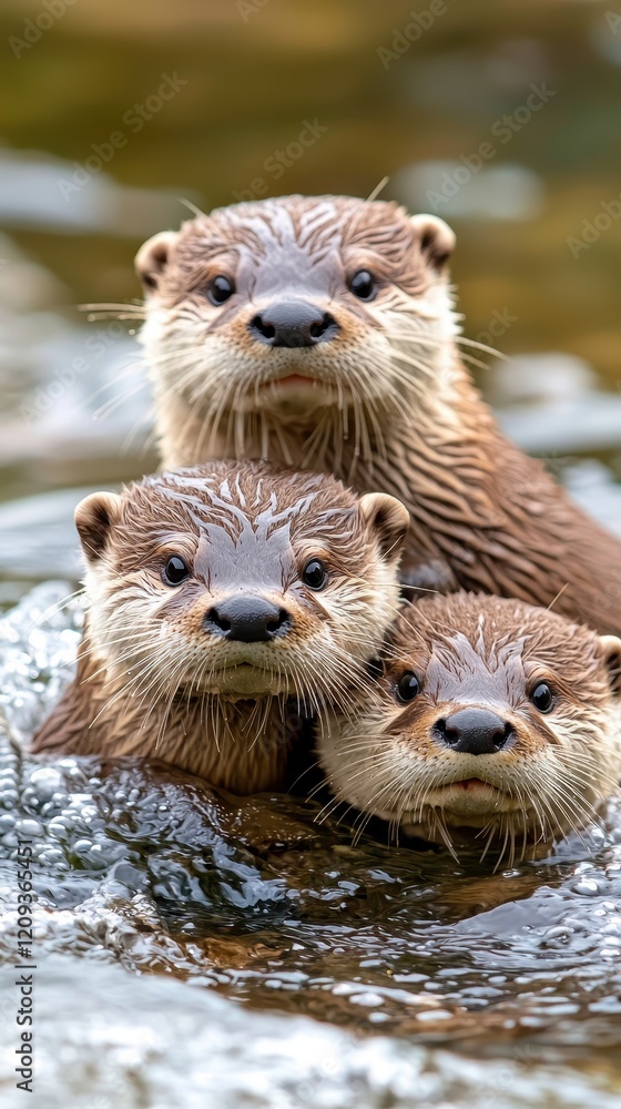 Three playful otters swim together in a serene water setting, showcasing their adorable expressions and social behavior. Three playful otters swim together in a serene water setting, showcasing their adorable expressions and social behavior.