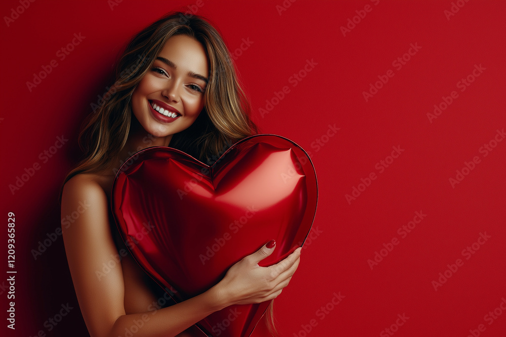 A cheerful young woman holding a reflective metallic red heart while standing against a vibrant red backdrop. Love, romantic and happiness, the Valentine's themed composition. A cheerful young woman holding a reflective metallic red heart while standing against a vibrant red backdrop. Love, romantic and happiness, the Valentine's themed composition.