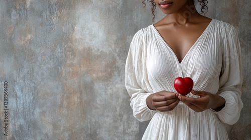 Woman holding heart in elegant dress indoor setting emotional portrait soft lighting