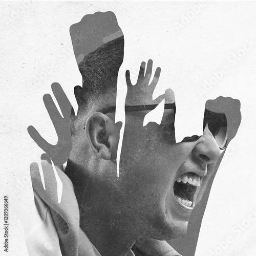 Young man passionately shouting with multiple hands raising symbolizing unity, protest. Layered black and white collage. Conceptual design. Concept of human rights, rally, freedom of speech photo