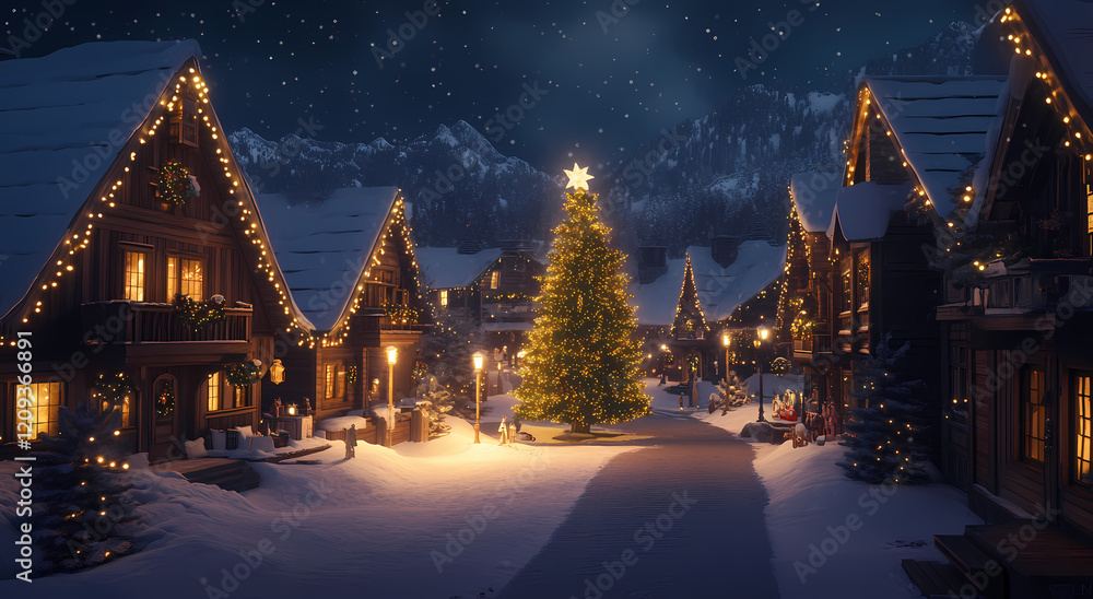 A Christmas tree stands in the center of a cozy village, surrounded by wooden houses decorated for the holiday season A Christmas tree stands in the center of a cozy village, surrounded by wooden houses decorated for the holiday season