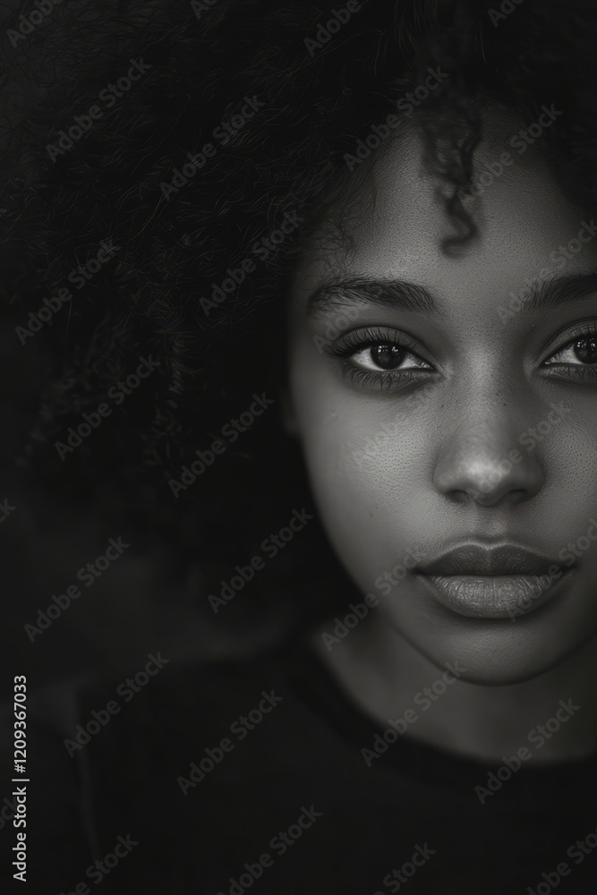 A black-and-white portrait of a young Black woman with natur, Generative AI A black-and-white portrait of a young Black woman with natur, Generative AI