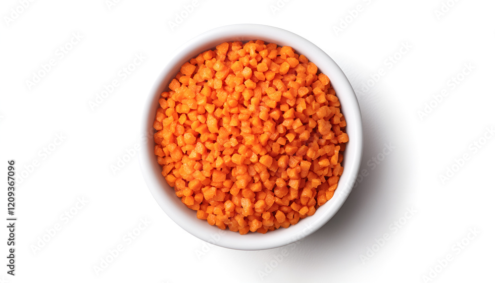 Bowl of delicious diced carrots isolated on white, top view Bowl of delicious diced carrots isolated on white, top view