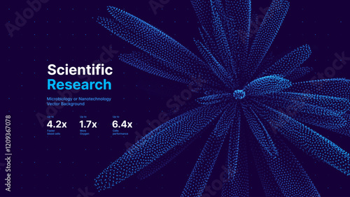 Scientific Medical Research Background. Abstract Science Blue Cells Backdrop with Depth of Field Blur Particles Effect. Futuristic Plant Microbiology. Blue Virus Cells Vector Illustration.