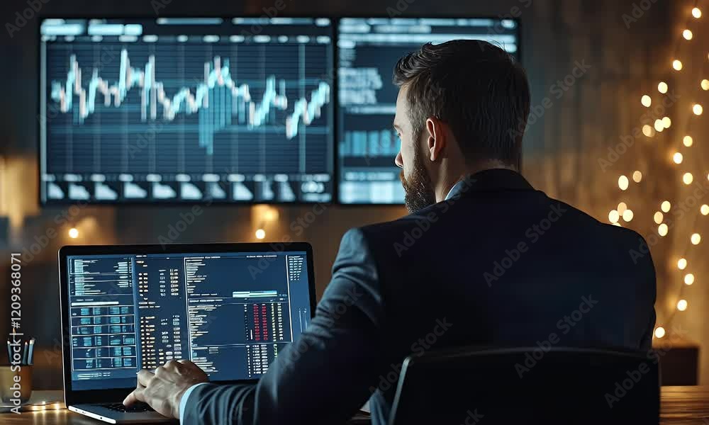 Trader analyzing stock market data on laptop and monitors at night Trader analyzing stock market data on laptop and monitors at night