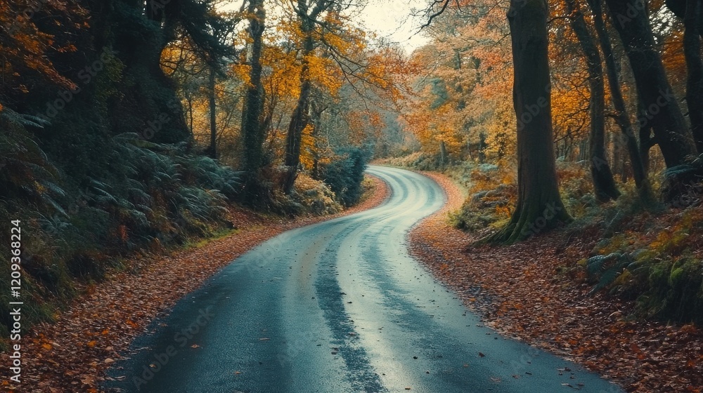 Obraz premium A winding road through vibrant autumn trees, showcasing nature's beauty and tranquility.