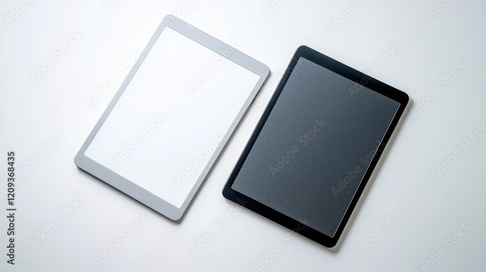 Two tablets, white and black screens, on white background; website mockup