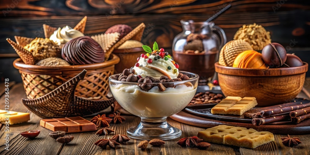 Delightful Dessert Display Creamy Ice Cream Sundae with Chocolate, Confections, and Warm Spices on Rustic Wooden Table Delightful Dessert Display Creamy Ice Cream Sundae with Chocolate, Confections, and Warm Spices on Rustic Wooden Table