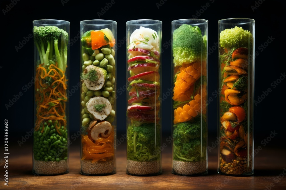 Fototapeta premium Five test tubes filled with chopped vegetables, creating a colorful and healthy display on a wooden table