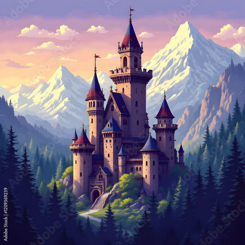 Wallpaper Mural Majestic Fairy Tale Castle Surrounded by Snow-Capped Mountains and Lush Forests at Dusk Torontodigital.ca