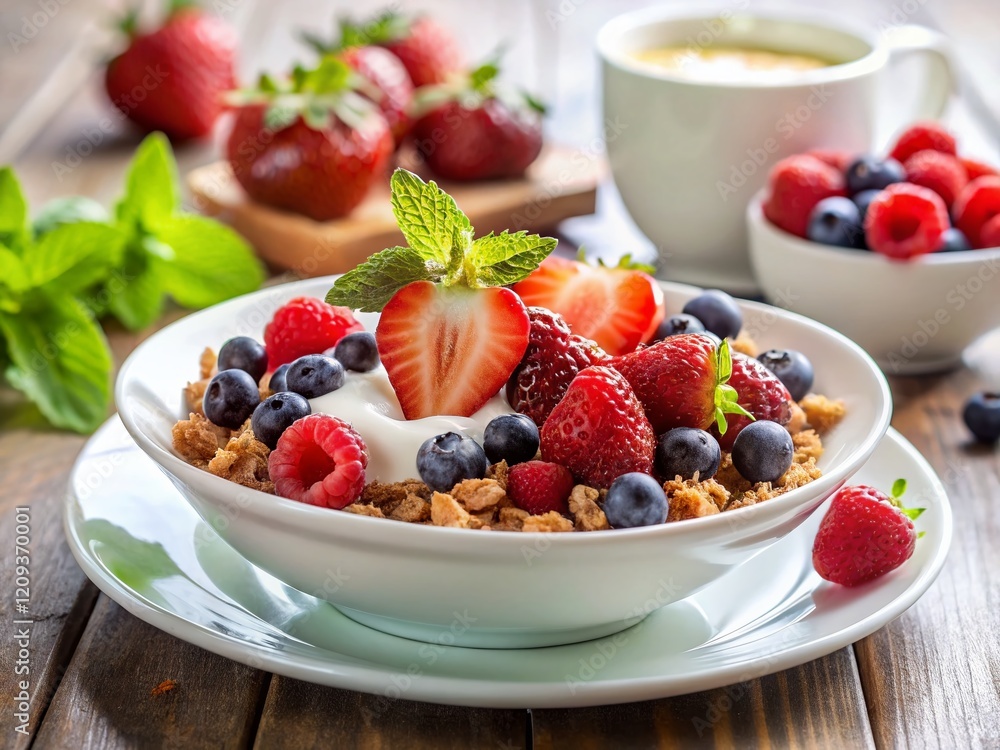 Delicious & Healthy Breakfast Plate: Yogurt, Berries, and Granola - Stock Photo Delicious & Healthy Breakfast Plate: Yogurt, Berries, and Granola - Stock Photo