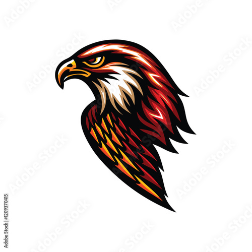 A majestic hawk, its feathers ablaze with fiery hues, poised in mid-flight, its sharp eyes gleaming, showcasing its incredible agility.