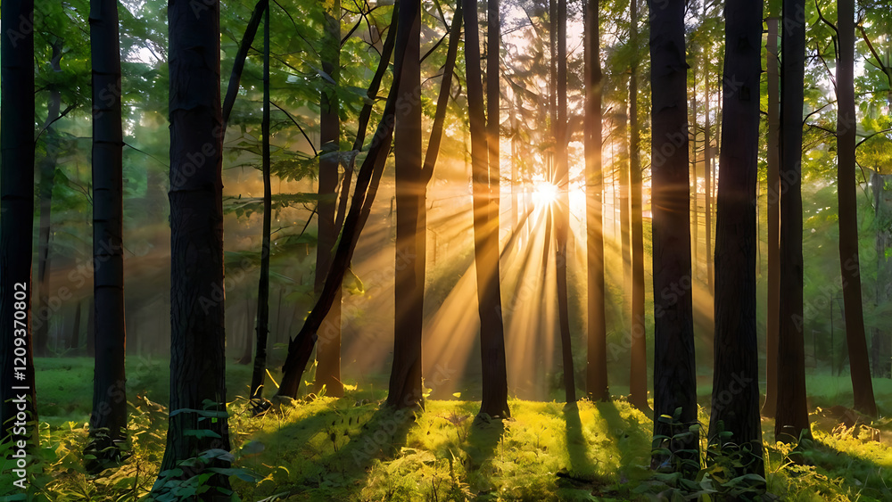Fototapeta premium Dense forest at dawn, sun rays breaking through the tree crowns