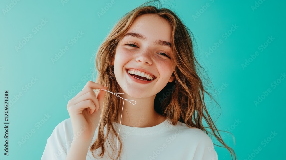 Cheerful Young Woman with Bright Smile Holding Dental Floss on Turquoise Background Cheerful Young Woman with Bright Smile Holding Dental Floss on Turquoise Background
