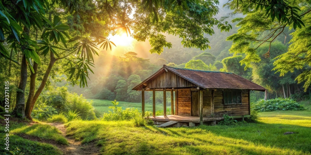 Serene Wooden Cabin nestled in a Lush Green Forest bathed in the Golden Rays of the Sunrise Serene Wooden Cabin nestled in a Lush Green Forest bathed in the Golden Rays of the Sunrise