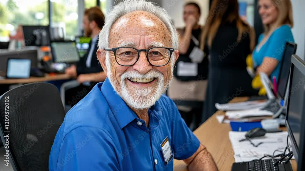 Man with glasses is smiling at the camera. He is wearing a blue shirt and is sitting in front of a desk Man with glasses is smiling at the camera. He is wearing a blue shirt and is sitting in front of a desk