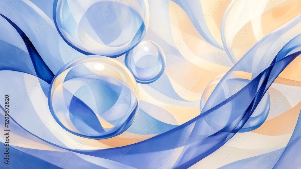 Fototapeta premium Abstract Harmony of Blue and Beige with Translucent Bubbles and Flowing Lines