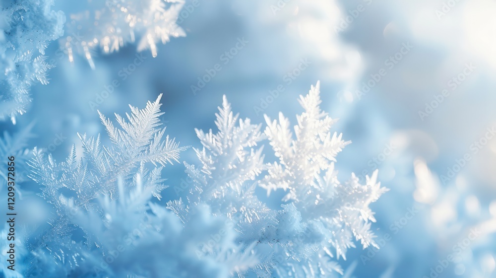 Delicate Frosty Snowflakes on a Winter Morning Capturing the Beauty of Nature's Icy Wonders Against a Soft Blue Background Delicate Frosty Snowflakes on a Winter Morning Capturing the Beauty of Nature's Icy Wonders Against a Soft Blue Background