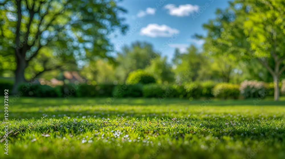 Sunny park scene with blurred green trees and a sharp focus on grass Sunny park scene with blurred green trees and a sharp focus on grass