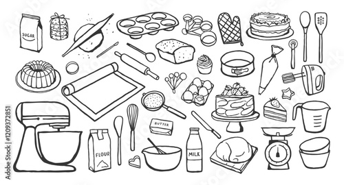 Set of hand drawn various baking tools and ingredients isolated on white background. Simple cooking clip art